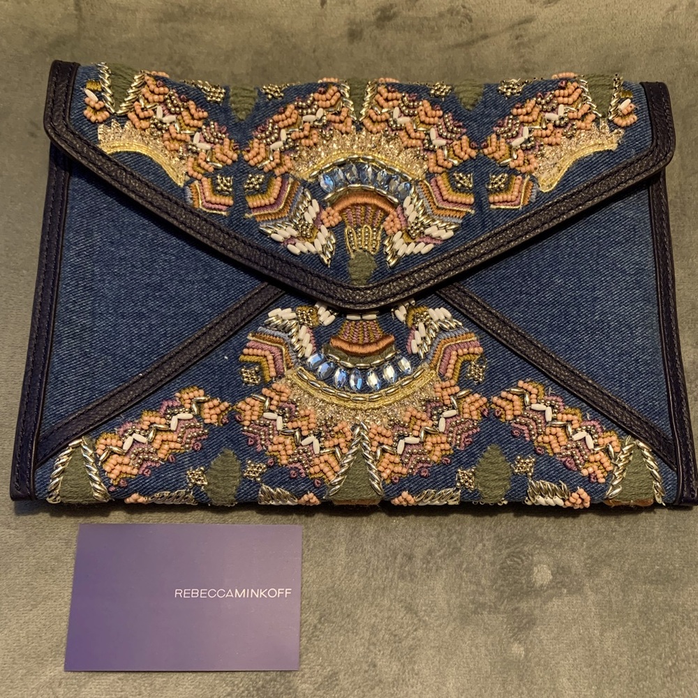 Rebecca Minkoff Denim embellished beaded envelope clutch. Brand new NWT✨